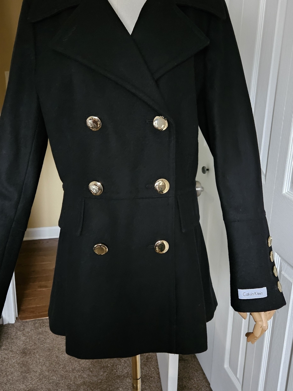 Calvin Klein Black Double-Breasted Wool Coat. New. Size PL